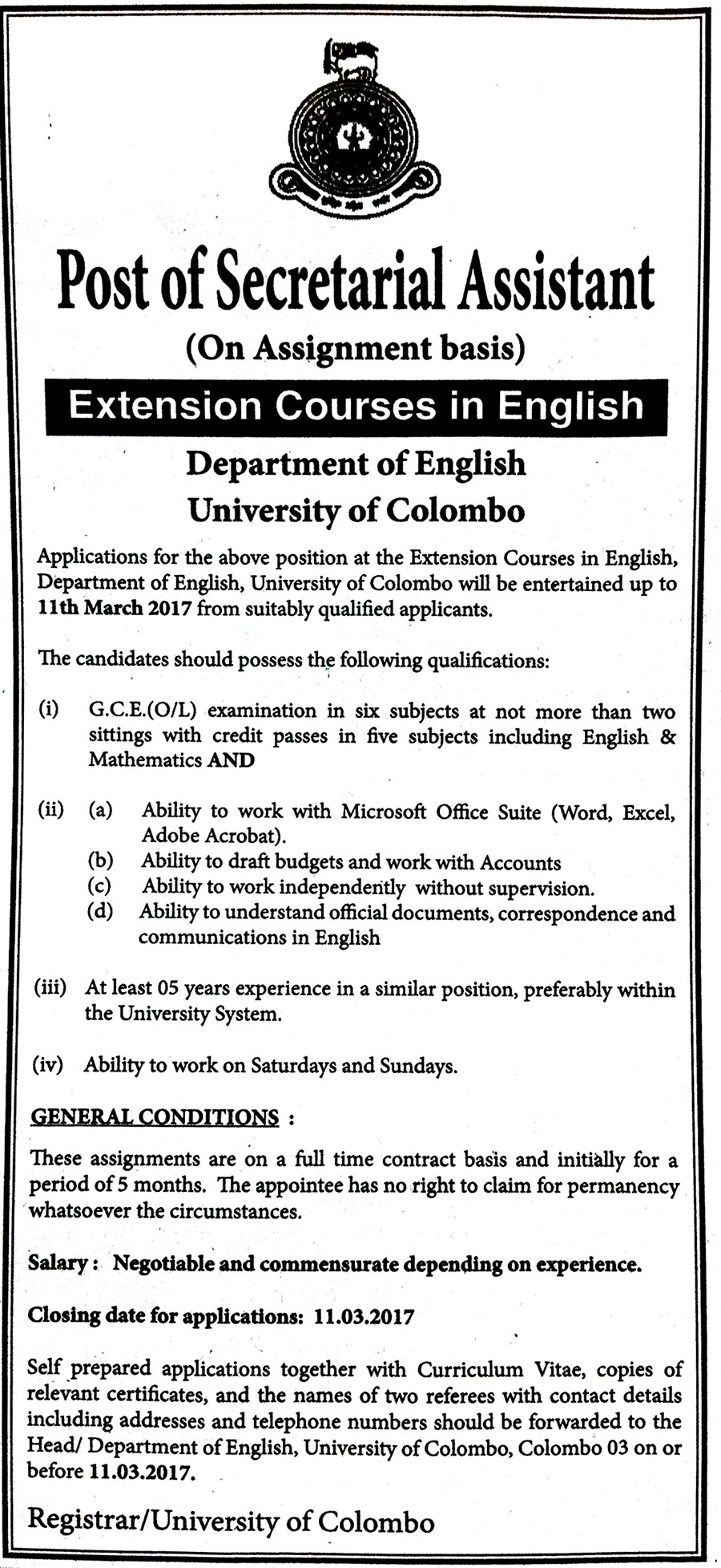 Secretarial Assistant - University of Colombo